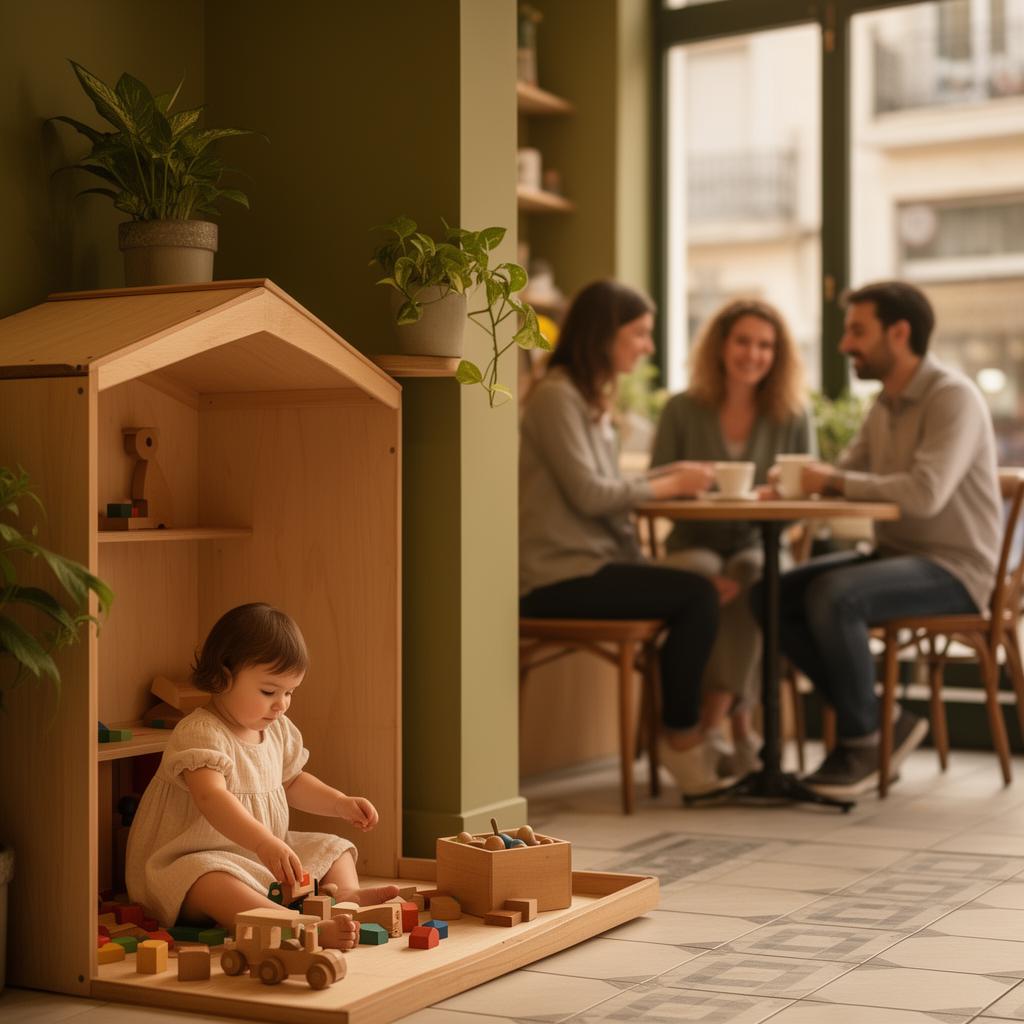 Criança a brincar num Kids Corner de madeira dentro de um café português, com os pais sentados ao lado